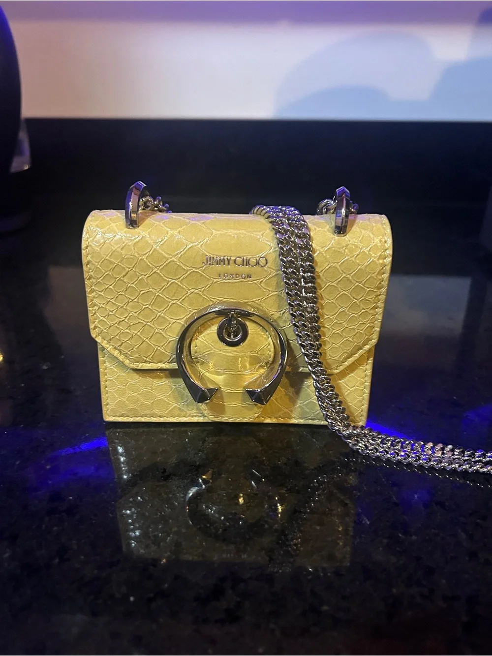 Jimmy Choo Yellow Mini Leather Crossbody with Silver Chain and Ring Clasp